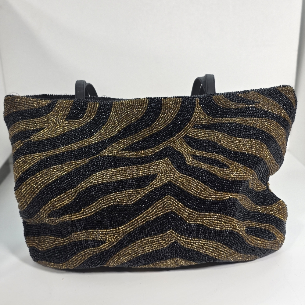 VTG Sweet Lo  Beaded Zebra Bag Gold Black Micro Bead Shoulder Bag Statement